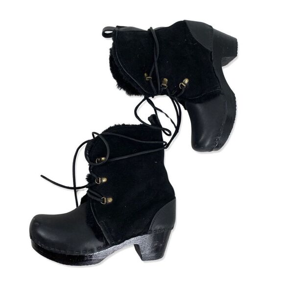 No. 6 Black Shearling Clog Boots Sz 5 Leather Lace Up Ankle Winter Platforms 36 - Picture 6 of 8